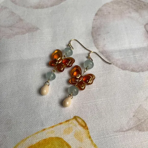 Amber Blue Jade Beige Czech Glass Acrylic Butterfly Earrings, Cute Fun Jewelry - Picture 4 of 6